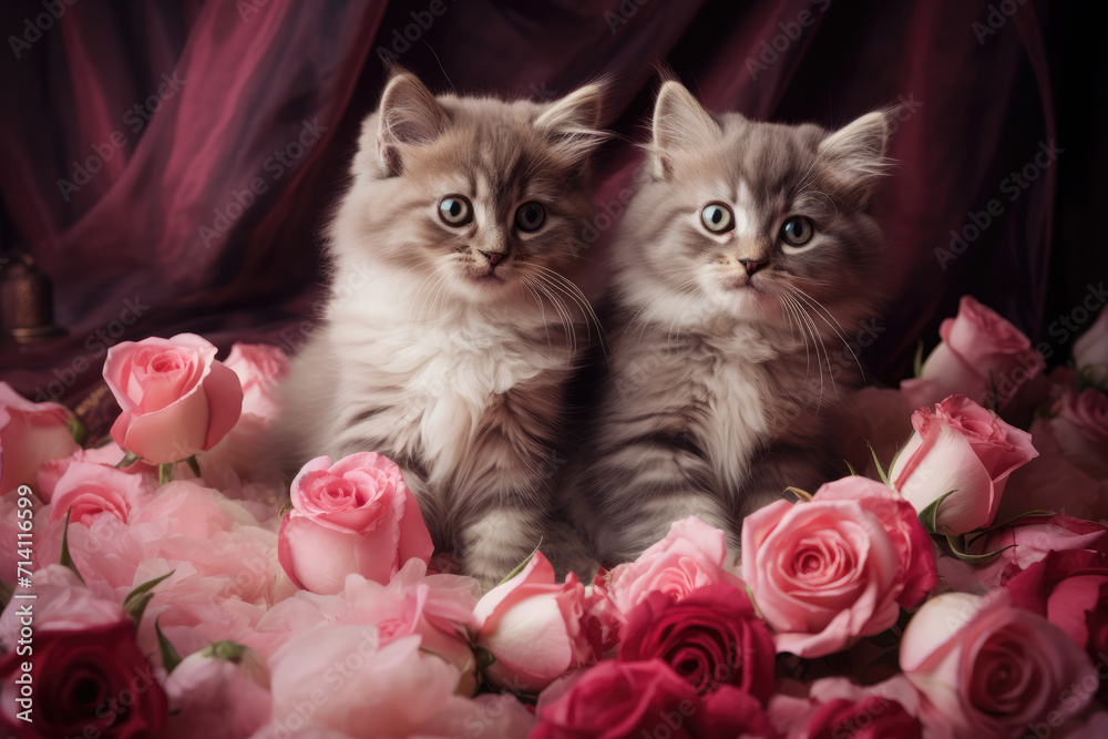 Fluffy White and Grey Kittens Among Pink Roses, Generative AI