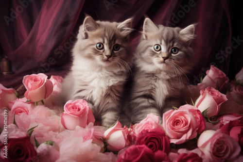 Obraz na płótnie Fluffy White and Grey Kittens Among Pink Roses, Generative AI w salonie