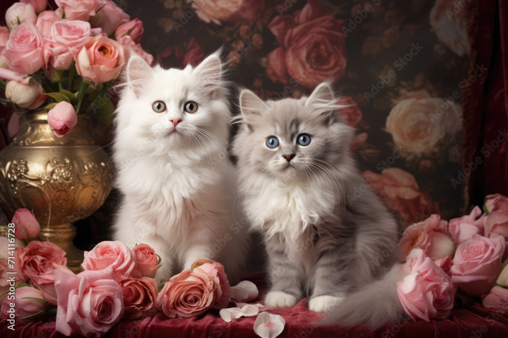 Fluffy White and Grey Kittens Among Pink Roses, Generative AI