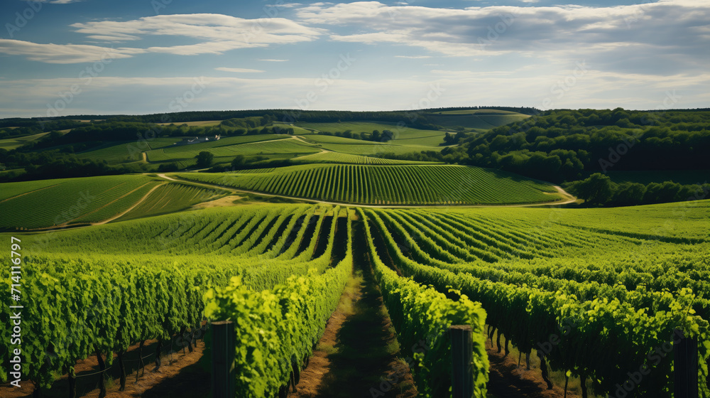 A high-quality photograph of a vast vineyard with orderly rows of grapevines, showcasing the beauty of the landscape with vibrant green leaves.