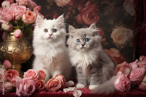 Obraz na płótnie Fluffy White and Grey Kittens Among Pink Roses, Generative AI w salonie