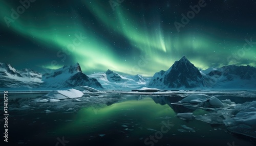View of night sky with multicolored aurora borealis and snowy mountains peak background. Night glows in vibrant aurora reflection on the lake with forest. © Virgo Studio Maple