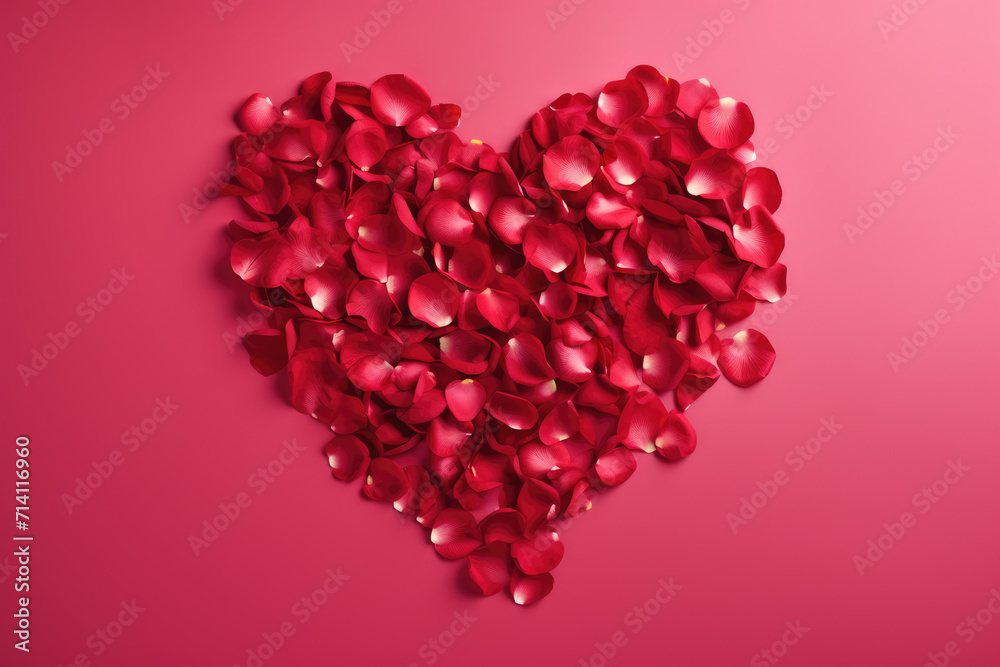 Heart-Shaped Red Rose Petals on Pink Background, Generative AI