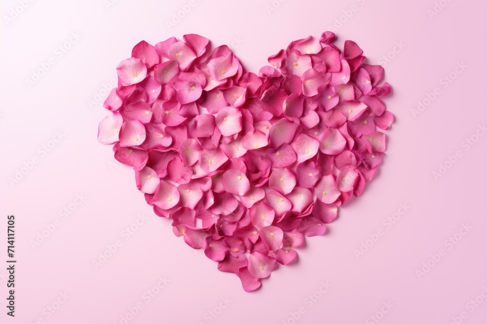 Heart-Shaped Light Pink Rose Petals on Pink Background, Generative AI