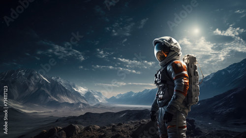 A surreal photograph of an astronaut in a high-tech space suit exploring an alien landscape on a distant planet, highlighting the marvels of interstellar exploration. © Игорь Зубченко