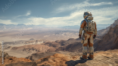 A surreal photograph of an astronaut in a high-tech space suit exploring an alien landscape on a distant planet, highlighting the marvels of interstellar exploration.