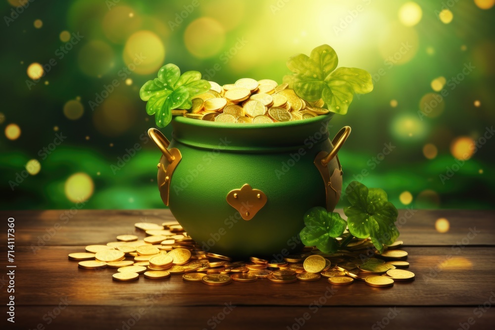 A pot of gold and green leprechaun hat for St. Patricks Day. - obrazy, fototapety, plakaty 