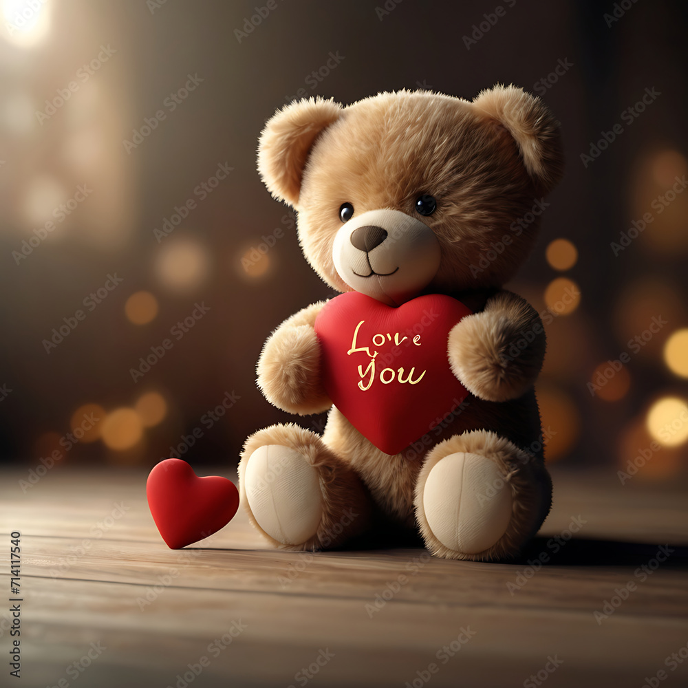A teddy bear cradles a heart inscribed with 'LOVE YOU'. A teddy bear cradles a heart inscribed with 'LOVE YOU'.