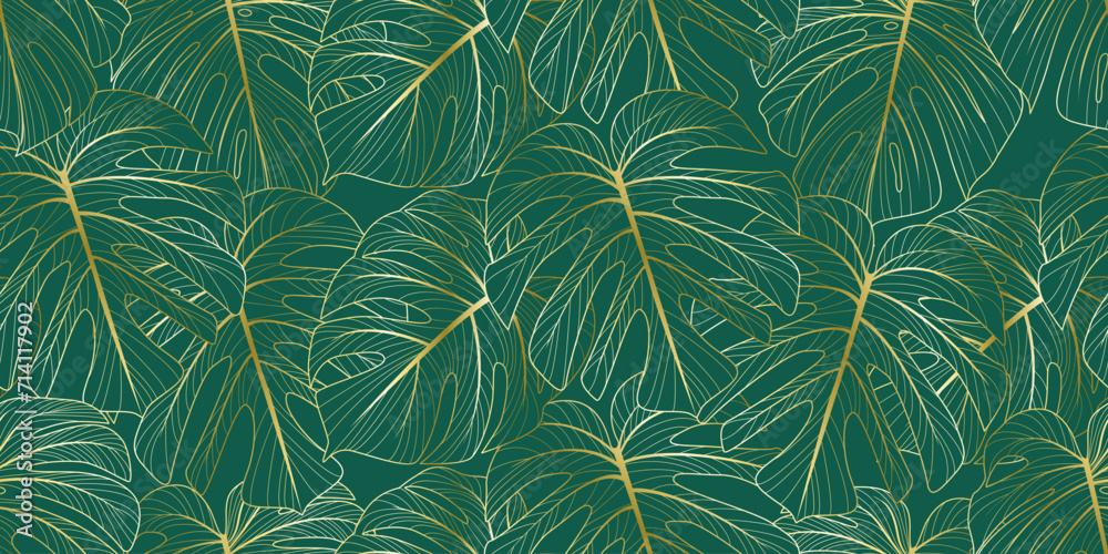Elegant vector seamless background with abstract golden exotic monstera leaves for wrapping paper, textile, wedding, beauty designs