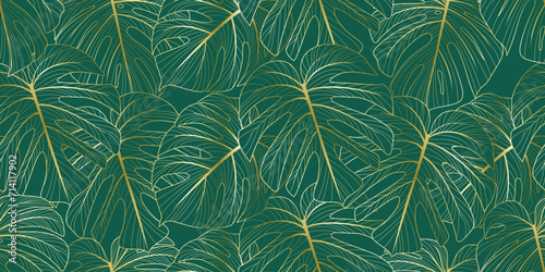Elegant vector seamless background with abstract golden exotic monstera leaves for wrapping paper, textile, wedding, beauty designs