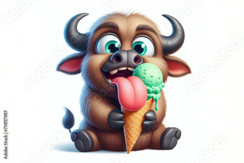 Buffalo with tongue hanging out and big bulging eyes eat ice cream cone on solid white background. ai generative