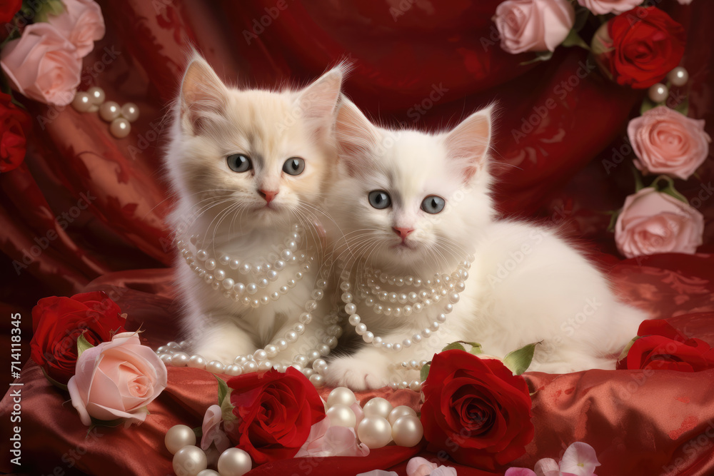 White Kittens with Pearls and Roses for Valentine's Day, Generative AI