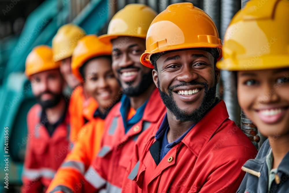 Group of Smiling Construction Workers Wearing Uniforms Group of Smiling Construction Workers Wearing Uniforms