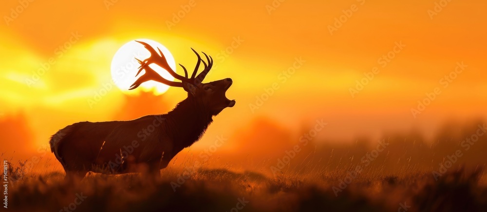 Fototapeta premium Red deer stag silhouette roaring at sunset.