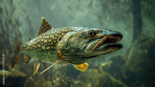 a large predatory catfish fish swims underwater in the river, with an open mouth, fins and tail