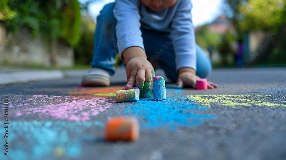 The child draws a house and a rainbow on the asphalt with chalk. Selective focus. Generative AI, The child draws a house and a rainbow on the asphalt with chalk. Selective focus. Generative AI,