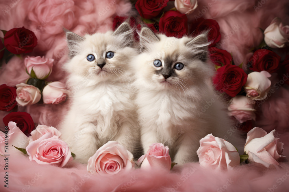 Fluffy Kittens and Pink Roses Valentine, Generative AI