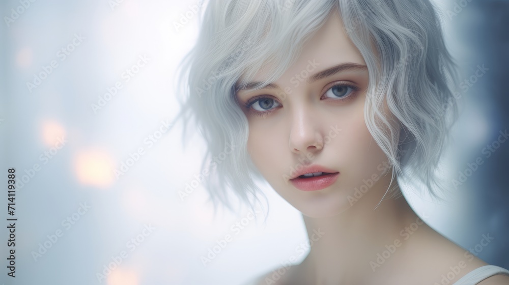 Portrait of a beautiful young woman with blue eyes and white hair Generative AI