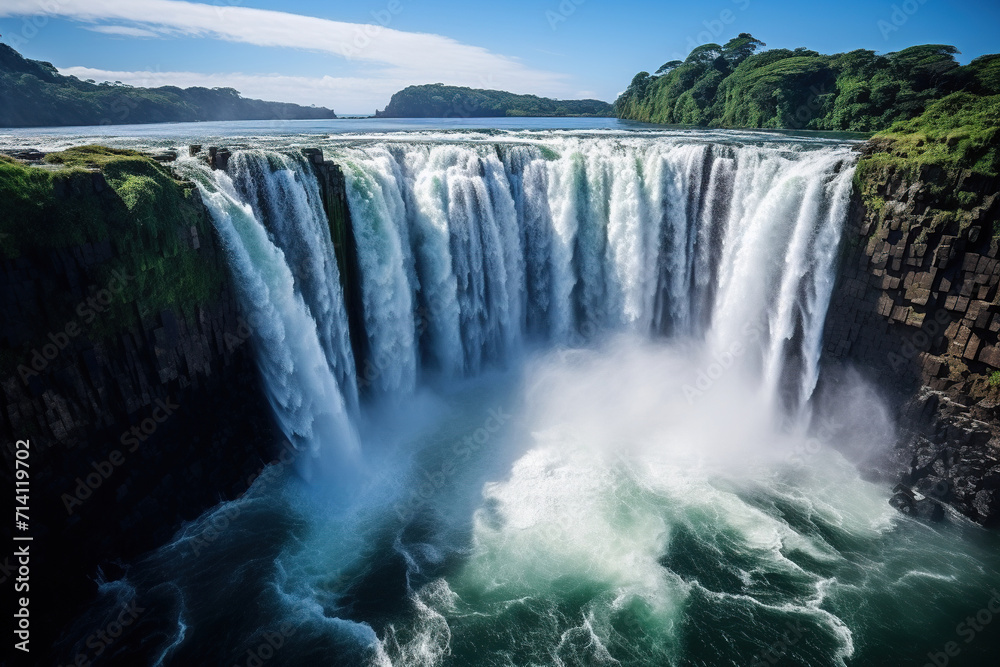 Top view of a large beautiful waterfall in the rocks. Generated by artificial intelligence Top view of a large beautiful waterfall in the rocks. Generated by artificial intelligence