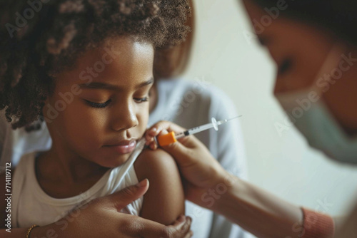 close-up of a child receiving a vaccination with a calm and reassuring healthcare professional, emphasizing the importance of a positive and supportive environment in a minimalisti photo