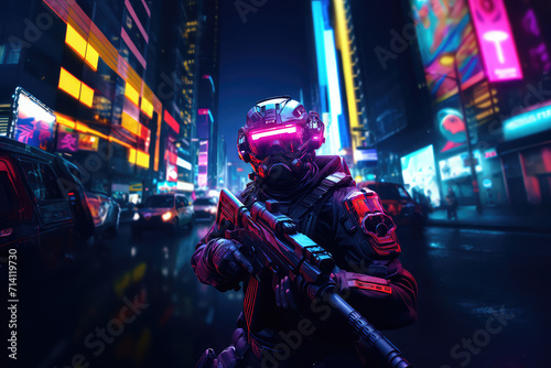 Cyberpunk soldier, neon highlights and neon contour. Cyberpunk soldier city patrol, illustration of military robot. Concept art, Digital painting. photo