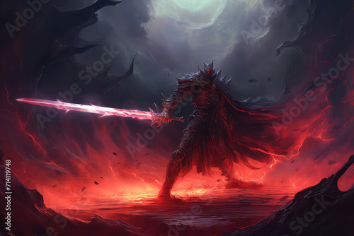 illustration painting of knight with the magic sword standing on the fire  digital art style