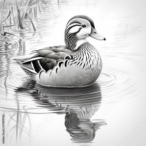 Pencil sketch mandarin duck drawing image Generative AI