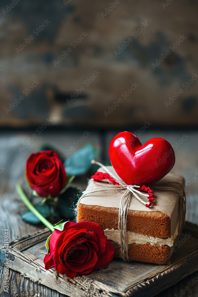Present. Red roses. Cake for Valentine's Day. Generative AI Present. Red roses. Cake for Valentine's Day. Generative AI