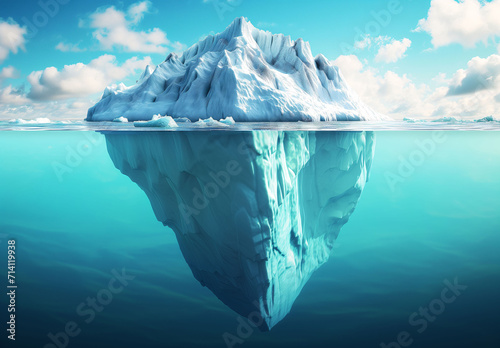 a large iceberg with a blue background floating on the ocean