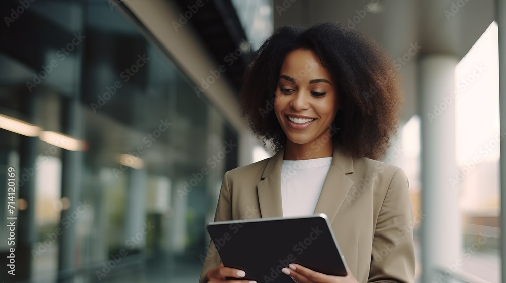 Portrait of smiling african american businesswoman using digital tablet Generative AI