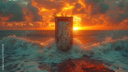 Single door frame in the middle of the ocean made with Ai generative technology photo