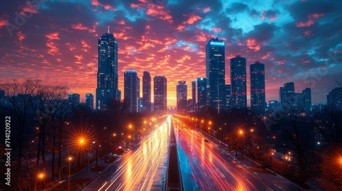 Fast city life with blurred motion highway, Modern City sunset