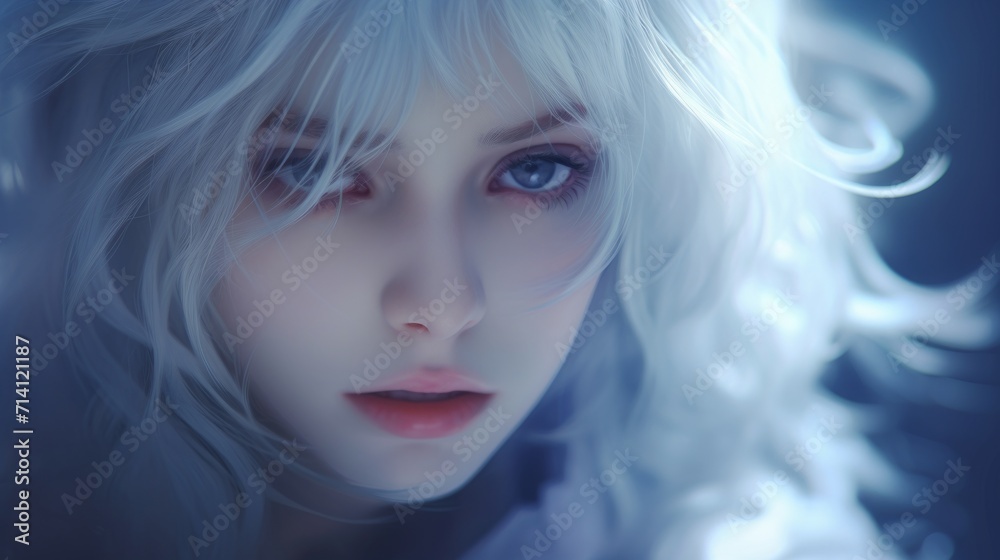 3d rendering of a beautiful woman with white hair and blue eyes Generative AI
