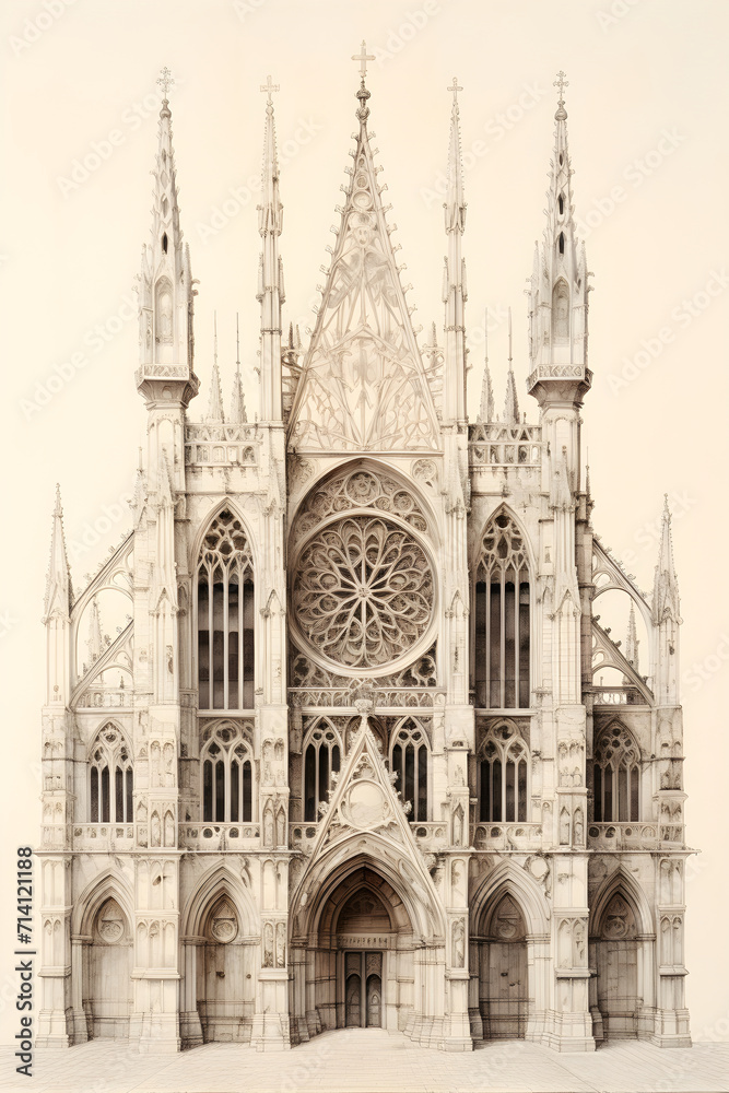 Design and Visual Drawing: Elaborate Gothic Cathedral Exterior with Intricate Details