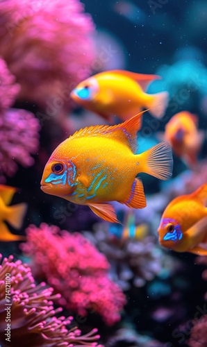 Close-up photos of vIbrant tropical mesmerizing fishes in aquarium. AI generated image © Falk