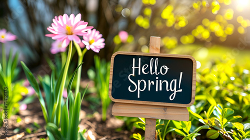 Rustic spring welcome sign with text "Hello Spring" on natural blurred, defocused background with spring flowers. Natural spring greeting display
