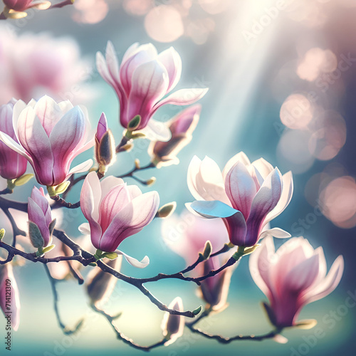 Springtime dreamy background with Magnolias bloom. Soft pink magnolia blooms  bokeh blurred background. Translucent petals  magnolia flowers