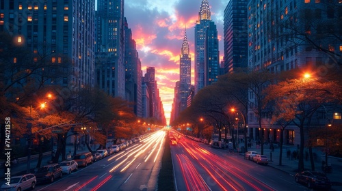 Fast city life with blurred motion highway, Modern City sunset