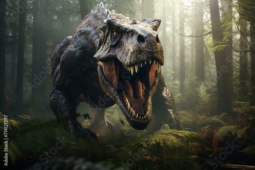 A powerful t-rex roaming through a dense forest. Generative AI