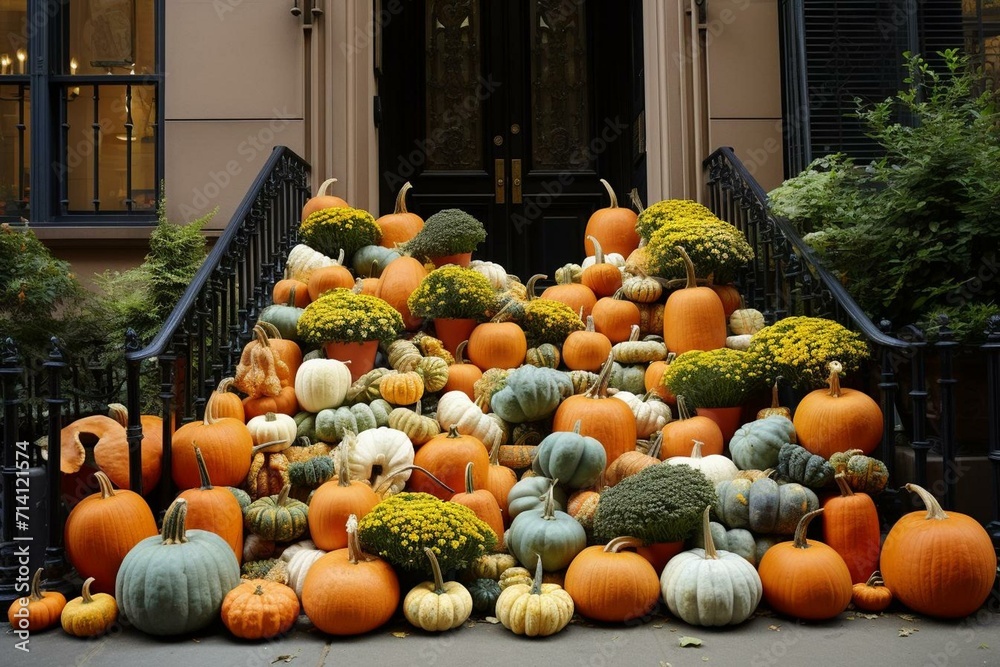 Thanksgiving pumpkins adorn Manhattan doorstep in NYC. Generative AI