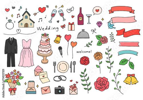 ウエディング・結婚式にまつわる手描きイラストセット（カラー）