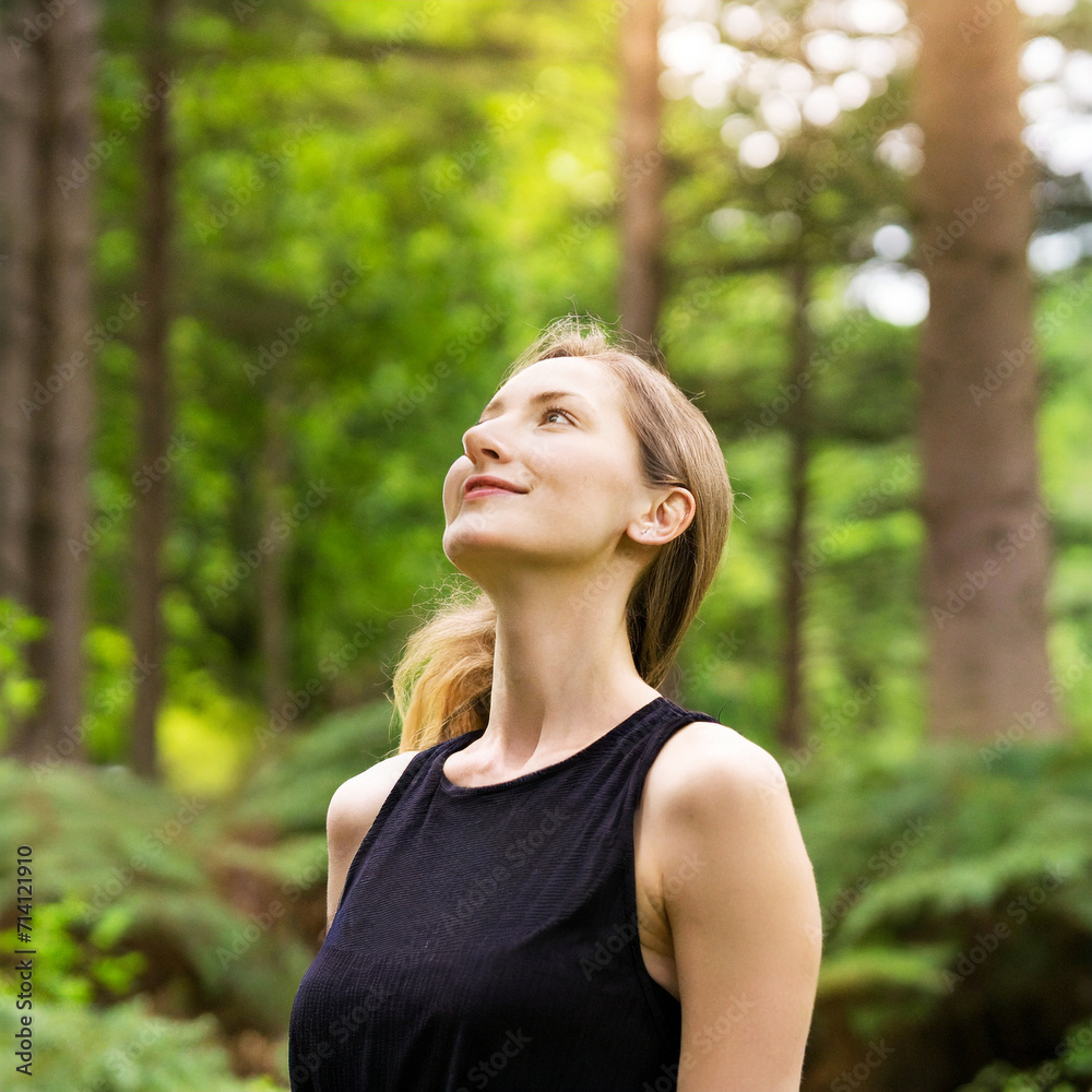 Beautiful woman relaxing breathing fresh air on digital art concept, Generative AI. Beautiful woman relaxing breathing fresh air on digital art concept, Generative AI.