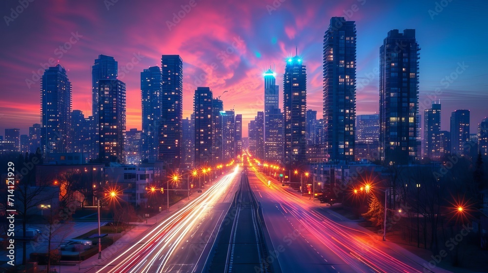 Fast city life with blurred motion highway, Modern City sunset Fast city life with blurred motion highway, Modern City sunset