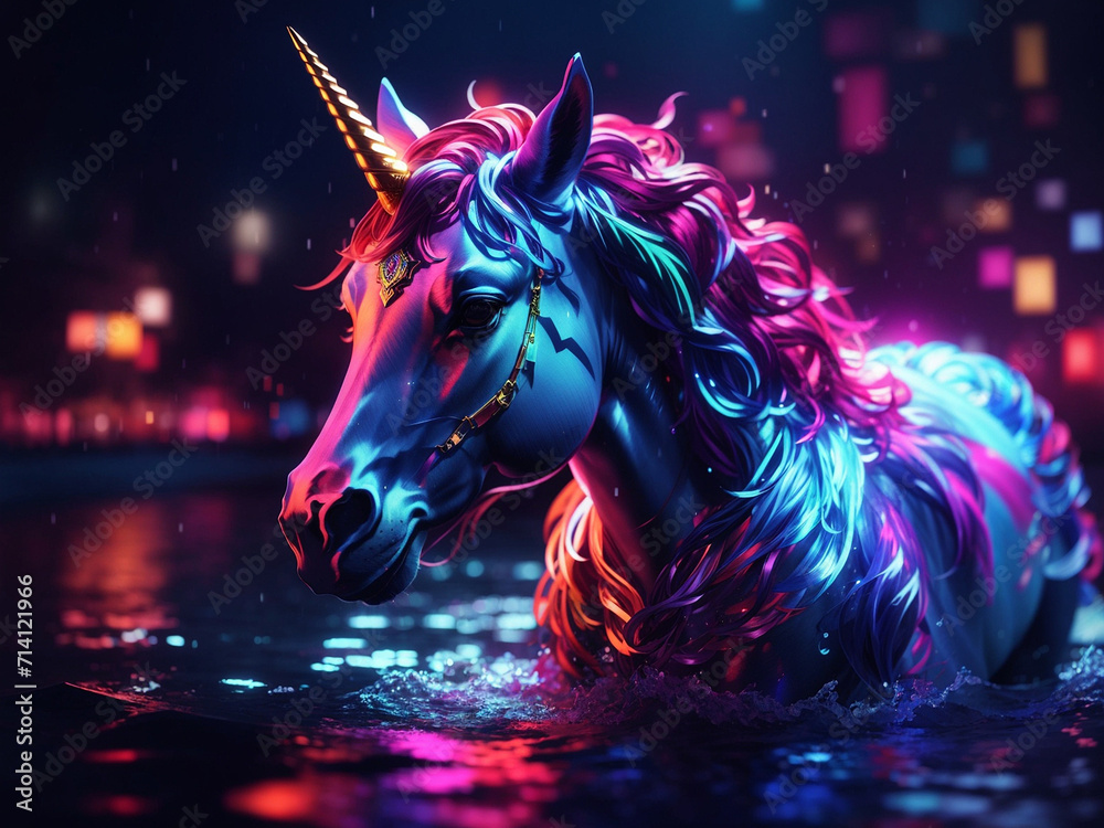 A photo of a beautiful neon color Unicorn in water at night Generative AI