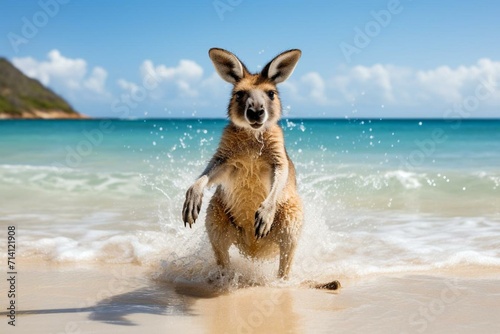 Fototapete kangaroo having fun at the beach. Generative AI