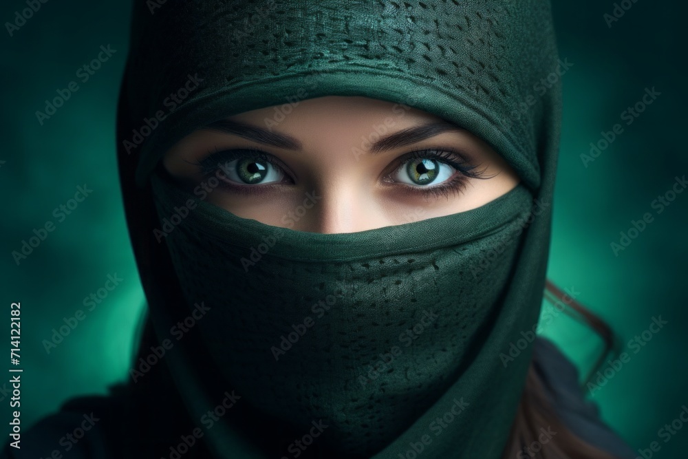 a girl in a green balaclava. a woman with a mask hiding her face. headdress, hat. a close look. a girl in a green balaclava. a woman with a mask hiding her face. headdress, hat. a close look.