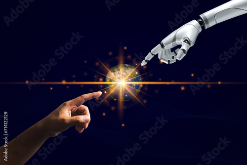 Human and robot hands pointing at the globe future technology concept