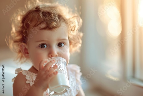 A little cute child is drin...