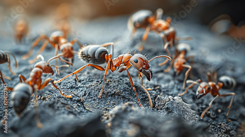 A group of ants on a textured surface. © ikkilostd