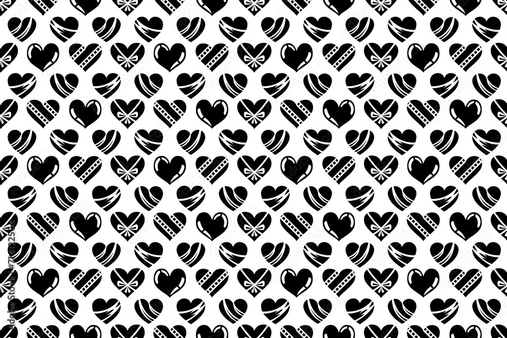 Seamless black and white heart pattern. Cute decorative wallpaper with heart illustrations, endless repeating love, Valentine pattern.